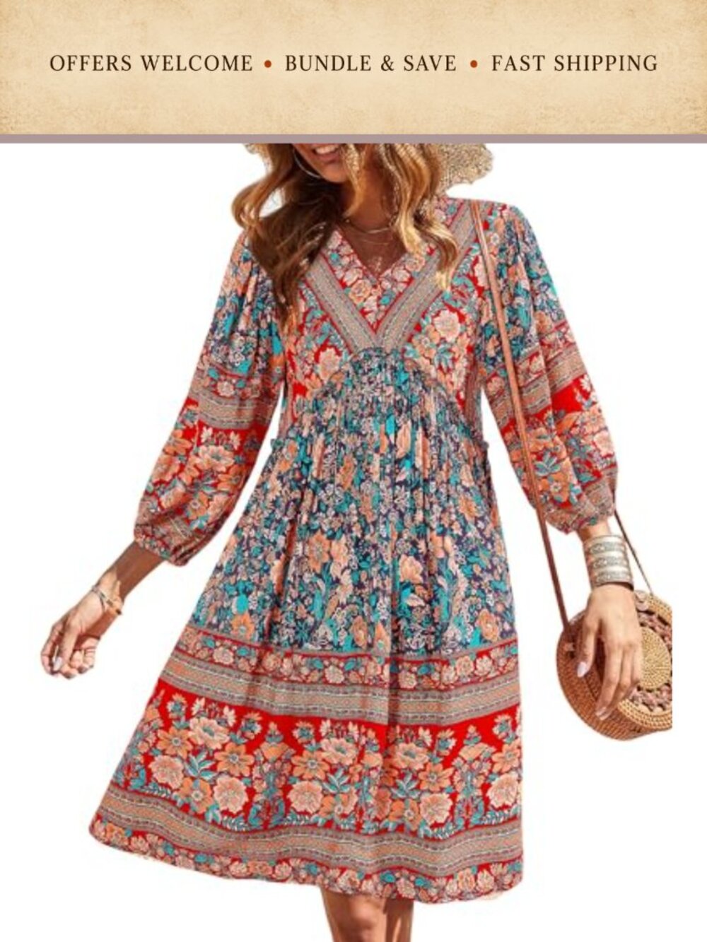 Womens Floral Mini Dress 3/4 Balloon Sleeve V Neck Ruffle A-Line Casual